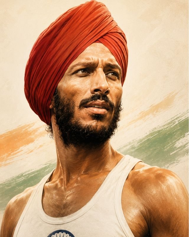 Artistic tribute portrait of Milkha Singh, The Flying Sikh, wearing a red turban against a tricolor brushstroke background