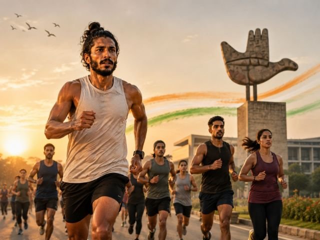 Runners at sunrise in Chandigarh near the Open Hand Monument, with a tricolor trail across the sky
